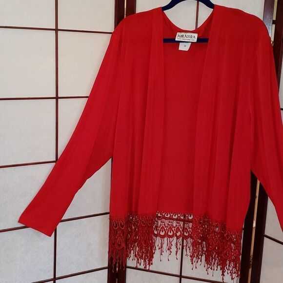 Amanda 3X Shimmery Red Fringe Cardigan Sweater - Picture 2 of 7